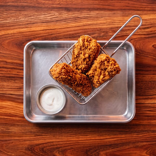 Four crispy fried chicken pieces in a metal basket with dipping sauce on a metal tray.