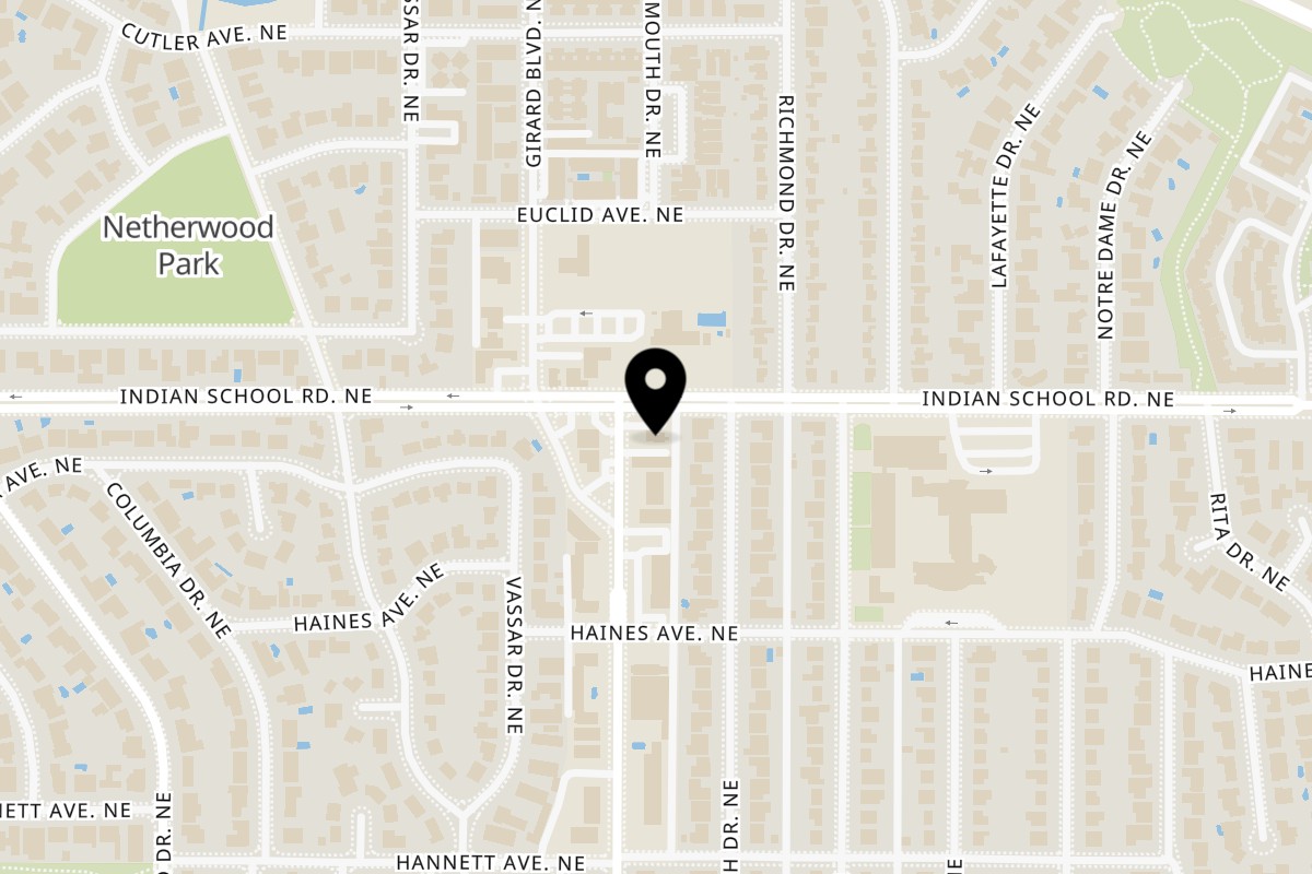 Map showing the location of Vegos on 2904 Indian School Rd NE in Albuquerque